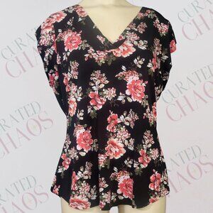 Black Floral V-Neck Blouse Women’s Large